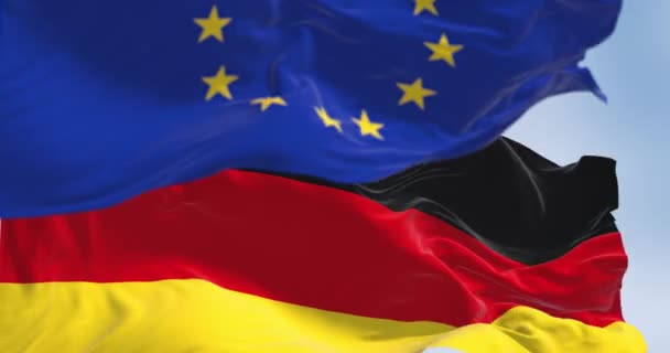 Allemagne Union Européenne Brandissent Des Drapeaux Dans Vent Allemagne Devient — Video