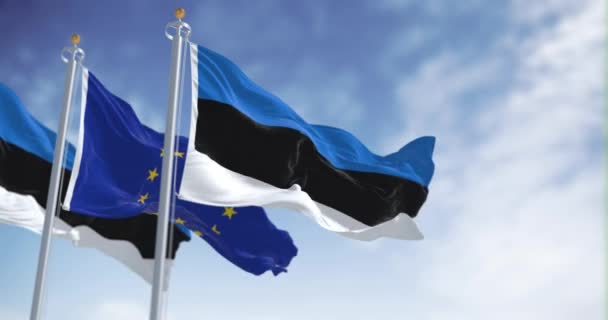 Estonia Unione Europea Sventolano Bandiere Una Giornata Limpida Membro Dell — Video Stock