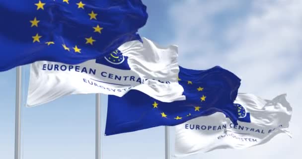 Frankfurt Mayıs 2023 Avrupa Merkez Bankası Avrupa Birliği Bayrakları Açık — Stok video