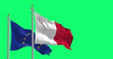 Malta ve Avrupa Birliği bayrakları yeşil ekranda izole bir şekilde dalgalanıyor. Mayıs 2004 'te AB üyesi. Kusursuz 3D canlandırma animasyonu. Yeşil ekran mat. Alfa kanalı. Krom anahtar. Yavaş çekim döngüsü