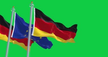 Almanya ve Avrupa Birliği bayrakları yeşil bir arkaplanda izole edilmiş olarak sallanıyordu. Kusursuz 3D canlandırma animasyonu. Yeşil ekran mat. Alfa kanalı. Krom anahtar. Yavaş çekim döngüsü. Seçici odak