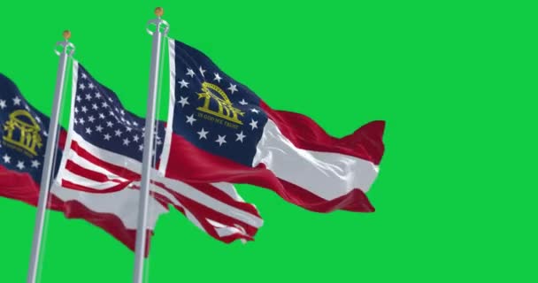 Σημαίες Γεωργίας Και Ηνωμένων Πολιτειών Κυματίζουν Απομονωμένες Πράσινο Φόντο Ομοσπονδιακό — Αρχείο Βίντεο