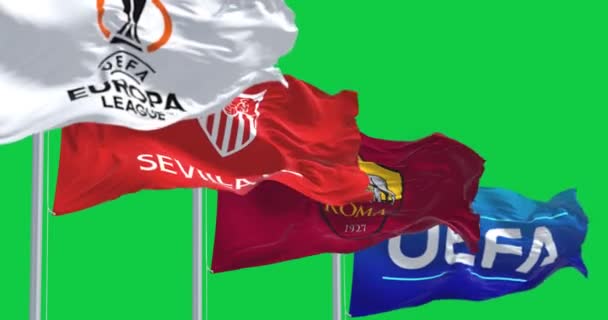 Budapeşte Mayıs 2023 Avrupa Ligi Bayrakları Sevilla Roma Uefa Dalgaları — Stok video