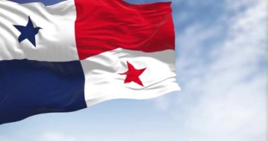 Panama ulusal bayrağı açık havada rüzgarda dalgalanıyor. Panama Cumhuriyeti bir Orta Amerika devletidir. Kusursuz 3 boyutlu animasyon. Yavaş çekim döngüsü. Kanat çırpan kumaş. Yakın plan.