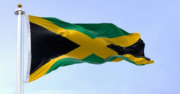 Jamaica National Flag Waving Wind Clear Day Gold Saltire Dividing — Stock Photo, Image