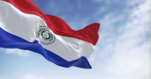 Paraguay Flagga Viftar Mot Klar Himmel Grunt Skärpedjup Med Selektivt — Stockvideo