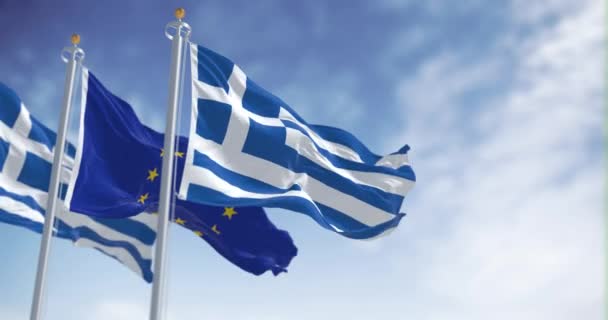 Yunanistan Avrupa Birliği Bayrakları Sallıyor Birlik Uyum Demokratik Değerleri Sembolize — Stok video