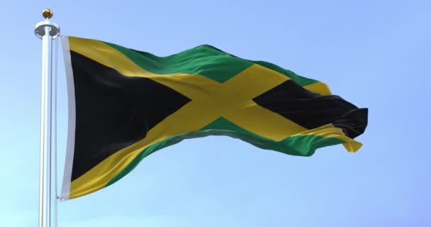 Jamaicas Flagga Viftar Vinden Klar Dag Guldsaltet Delar Upp Det — Stockvideo