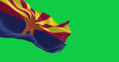 Arizona eyaleti bayrağı yeşil ekranda sallanıyor. Kusursuz 3D canlandırma animasyonu. Yeşil ekran mat. Alfa kanalı. Krom anahtar. Yavaş çekim döngüsü. Seçici odak