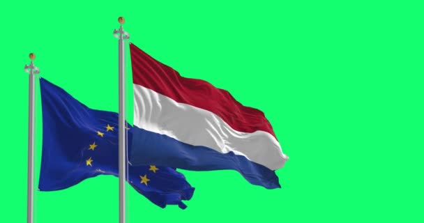 Нідерланди Прапори Європейського Союзу Махають Зеленому Тлі Безшумний Рендеринг Анімації — стокове відео
