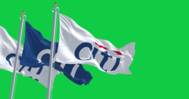 New York, ABD, Mart 2023: Yeşil arka planda izole edilmiş Citi bayrakları sallanıyor. 3D canlandırma animasyonu. Yeşil ekran mat. Alfa kanalı. Krom anahtar. Yavaş çekim döngüsü. Seçici odak