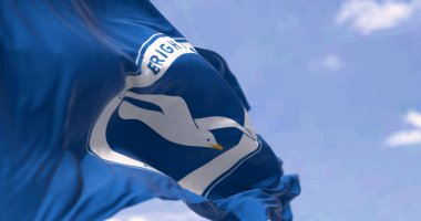 Brighton, İngiltere, Mayıs 2023: Brighton ve Hove Albion Futbol Kulübü açık bir günde rüzgarda dalgalanan bayrak. İngiliz Premier Ligi takımı. İllüstrasyon 3d illüstrasyon canlandırması. Seçici odak