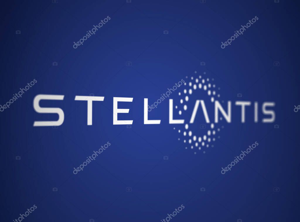 Amsterdam, NL, May 2023: White Stellantis logo on a blue background. Multinational automotive manufacturing corporation. Illustrative editorial. Illustration. Selective focus