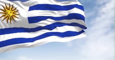 Uruguay ulusal bayrağı açık havada dalgalanır. 9 yatay çizgi: beyaz ve mavi alternatif, Sol de Mayo ise beyaz karede. 3D canlandırma canlandırması. Yavaş çekim döngüsü. Kanat çırpan kumaş. Yakın plan.