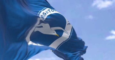 Brighton, İngiltere, Mayıs 2023: Brighton ve Hove Albion Futbol Kulübü açık bir günde dalgalanan bayrak. Kusursuz 3 boyutlu animasyon. Yavaş çekim döngüsü. Seçici odaklanma. Kanat çırpan kumaş. Yakın plan.