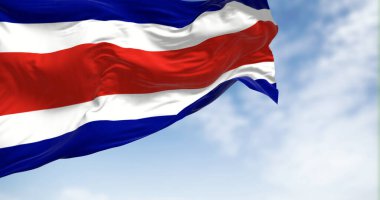 Kosta Rika ulusal sivil bayrağının dalgalanmasına yakından bakın. Mavi, beyaz, kırmızı, beyaz, mavi, yatay çizgiler. 3D illüstrasyon canlandırıcı. Çırpınan kumaş
