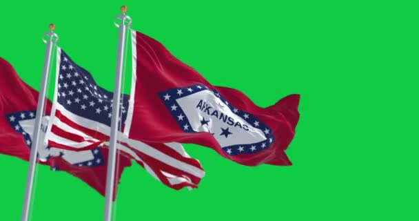 Σημαίες Αρκάνσας Και Ηνωμένων Πολιτειών Κυματίζουν Απομονωμένες Πράσινο Φόντο Καθιστούν — Αρχείο Βίντεο