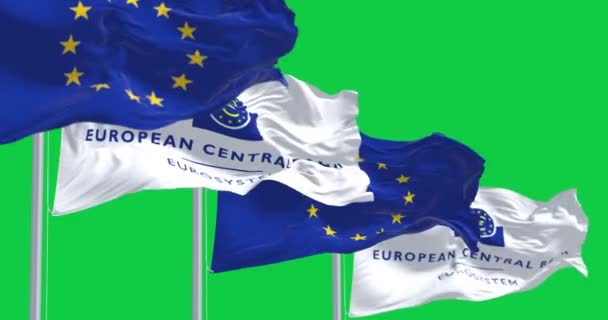 Frankfurt Maio 2023 Bandeiras Banco Central Europeu União Europeia Acenando — Vídeo de Stock