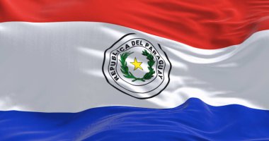 Paraguay bayrağını dalgalandırın. Beyaz bant merkezli üç eşit yatay kırmızı, beyaz ve mavi şerit. 3D illüstrasyon canlandırıcı. Seçici odaklanma. Kanat çırpan kumaş. Vatanseverlik
