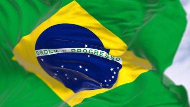 Brezilya bayrağı dalgalanıyor. Sarı elmas yeşil alanda, mavi daireli 27 beyaz, beş köşeli yıldız. Güney Amerika ülkesi. 3D illüstrasyon canlandırıcı. Kanat çırpan kumaş. Seçici odak