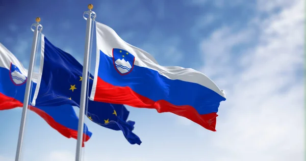 Σημαίες Της Σλοβενίας Και Της Ευρωπαϊκής Ένωσης Κυματίζουν Μαζί Μια — Φωτογραφία Αρχείου