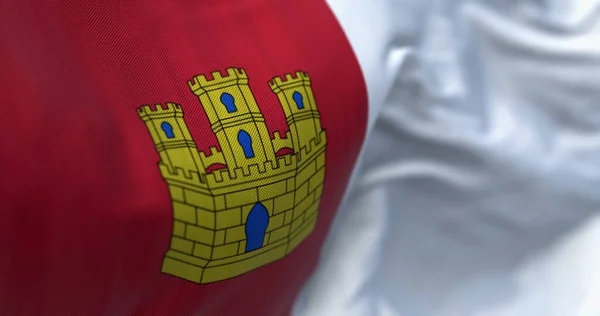 卡斯蒂利亚 拉曼查国旗飘扬 卡斯蒂利亚 拉曼查是西班牙的一个自治区 两个正方形 红色和金色城堡 3D插图渲染 有选择的重点 后续行动 — 图库照片