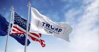 Arlington, US, march 2023: Flags of Donald Trump election campaign and the national flag of the United States waving. 2024 US presidential elections. Illustrative editorial 3d illustration render clipart