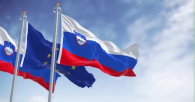 Slovenya ve Avrupa Birliği bayrakları açık bir günde dalgalanıyor. Kusursuz 3 boyutlu animasyon. Yavaş çekim döngüsü. Seçici odaklanma. Kanat çırpan kumaş. Yakın plan.