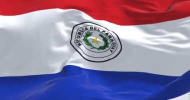 Paraguay bayrağı dalgalanıyor. Beyaz bant merkezli üç eşit yatay kırmızı, beyaz ve mavi şerit. Kusursuz 3 boyutlu animasyon. Yavaş çekim döngüsü. Kanat çırpan kumaş. Yakın plan.