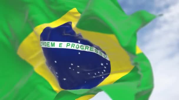 巴西国旗飘扬 绿色田野上的黄色钻石 蓝色的圆圈上有27颗白色的五角星 3D渲染动画 慢动作回圈有选择的重点 飘扬的面料 后续行动 — 图库视频影像