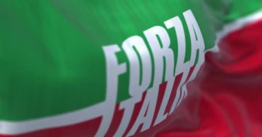 Roma, IT, Mayıs 2023: Forza Italia bayrağı dalgalanıyor. Silvio Berlusconi tarafından kurulan İtalyan siyasi partisi. Kusursuz 3 boyutlu animasyon. Yavaş çekim döngüsü. Seçici odaklanma. Kanat çırpan kumaş. Yakın plan.