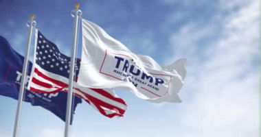 Arlington, ABD, Mart 2023: Donald Trump 2024 seçim kampanyası ve ABD bayrağı sallanıyor. Kusursuz 3 boyutlu animasyon. Yavaş çekim döngüsü. Seçici odaklanma. Çırpınan kumaş.
