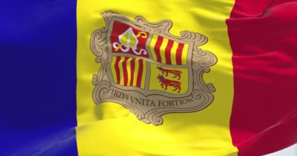 Князівство Андорра Прапор Розмахує Вітром Вертикальні Синьо Жовто Червоні Смуги — стокове відео