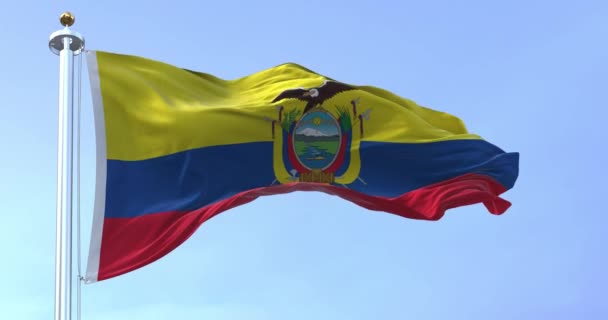 Pohled Zblízka Národní Vlajku Ekvádoru Vlnící Větru Jihoamerická Země Bezešvé — Stock video