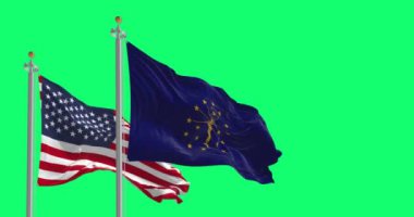 Amerika Birleşik Devletleri bayraklarıyla birlikte yeşil arka planda izole edilmiş Indiana eyalet bayrağı dalgalanıyor. Kusursuz 3D canlandırma animasyonu. Yeşil ekran. Krom anahtar. Yavaş çekim döngüsü. Seçici odaklanma. 4K çözünürlüğü