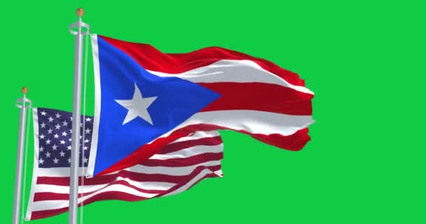 プエルトリコとアメリカ合衆国の旗は晴れた日に振っている プエルトリコはアメリカ合衆国の未編入領域である シームレスな3Dレンダリングアニメーション 緑の画面だ クロマキー スローモーションループ 4K解像度 — ストック動画