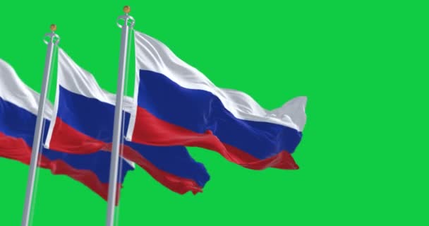 Три Національні Прапори Росії Махають Ізольованим Зеленому Тлі Безшумний Рендеринг — стокове відео