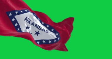 Arkansas eyalet bayrağı yeşil arka planda izole edilmiş şekilde dalgalanıyor. Kusursuz 3D canlandırma animasyonu. Yeşil ekran. Krom anahtar. Yavaş çekim döngüsü. Seçici odaklanma. 4K çözünürlüğü