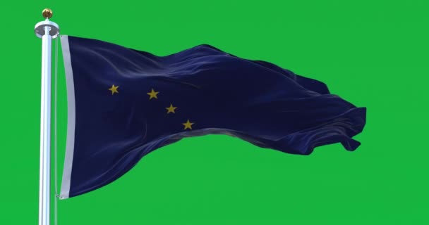 アラスカ州の旗は緑の背景に隔離された風の中で振っている シームレスな3Dレンダリングアニメーション 緑の画面だ クロマキー スローモーションループ 4K解像度 — ストック動画