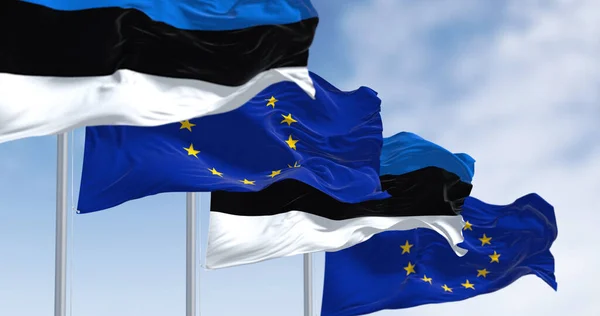 Flags Estonia European Union Waving Together Clear Day Estonia Became — Stok fotoğraf