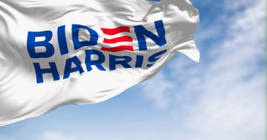 Washington D.C., ABD, Nisan 2023: Biden Harris 2024 başkanlık seçim kampanyası bayrağı açık bir günde dalgalanıyor. Resimli 3d illüstrasyon oluşturucu