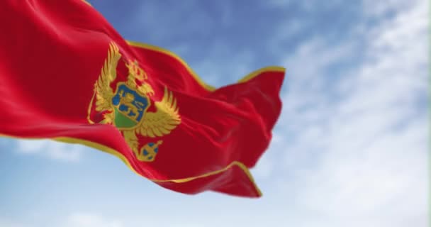 Die Flagge Montenegros Weht Einem Klaren Tag Rot Mit Einem — Stockvideo