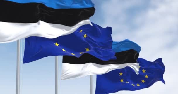 エストニアと欧州連合 の旗は晴れた日に振っている 2004年から欧州連合に加盟 シームレスな3Dレンダリングアニメーション スローモーションループ 選択的フォーカス フラッタリング生地 接近中だ — ストック動画