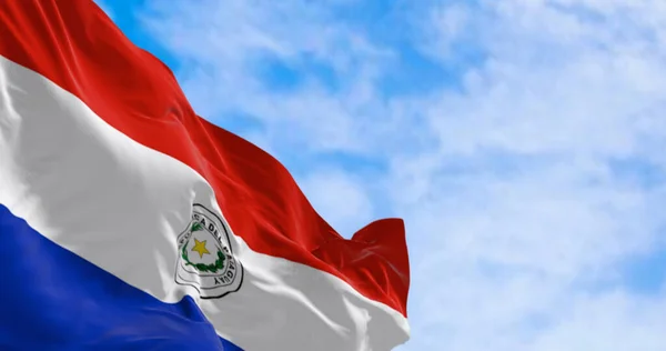 Närbild Paraguay Flaggan Viftar Tre Lika Horisontella Band Rött Vitt — Stockfoto