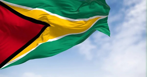 Közelkép Guyanai Nemzeti Zászlóról Amint Egy Tiszta Napon Integet Szélben — Stock Fotó