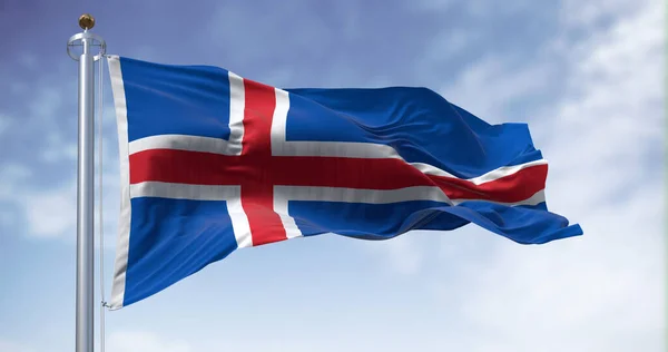 Close View Iceland National Flag Waving Wind Blue Flag White — Stock Photo, Image