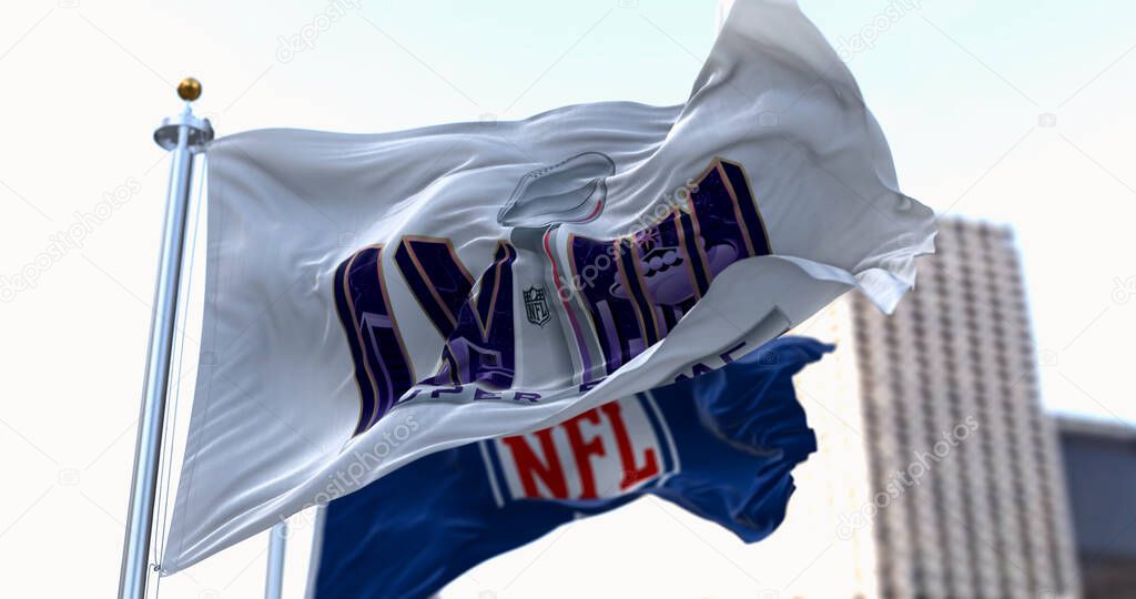 Paradise, US, June 2023: 58th Super Bowl and NFL flags waving. The game is scheduled to be played on Feb 11, 2024 in Paradise, Nevada. Illustrative editorial 3d illustration render