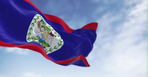 Belize Flaga Narodowa Macha Jasny Dzień Niebieskie Pole Czerwone Paski — Wideo stockowe