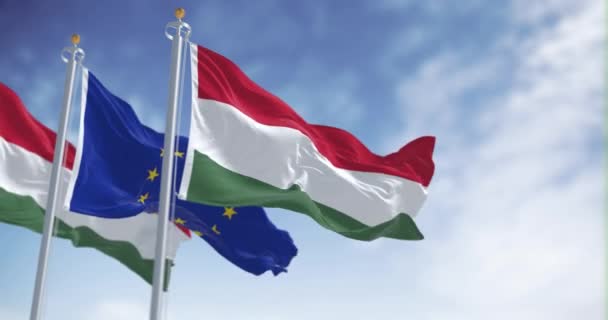 Steagurile Ungariei Ale Uniunii Europene Flutură Într Senină Membru Uniunii — Videoclip de stoc