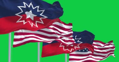 Juneteenth ve Birleşik Devletler bayrakları yeşil arka planda izole halde sallanıyor. Kusursuz 3D canlandırma animasyonu. Yeşil ekran. Krom anahtar. Yavaş çekim döngüsü. 4K çözünürlüğü